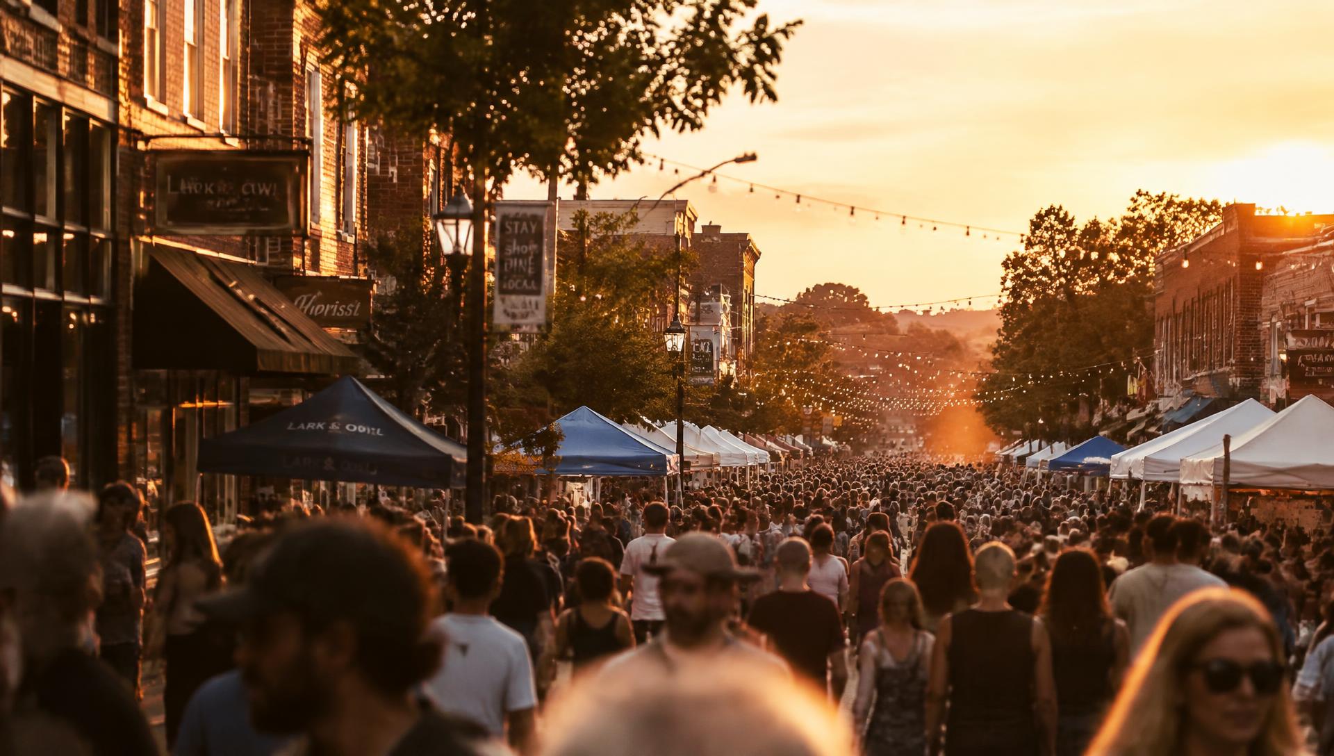 Crowd filling a downtown street festival at golden hour