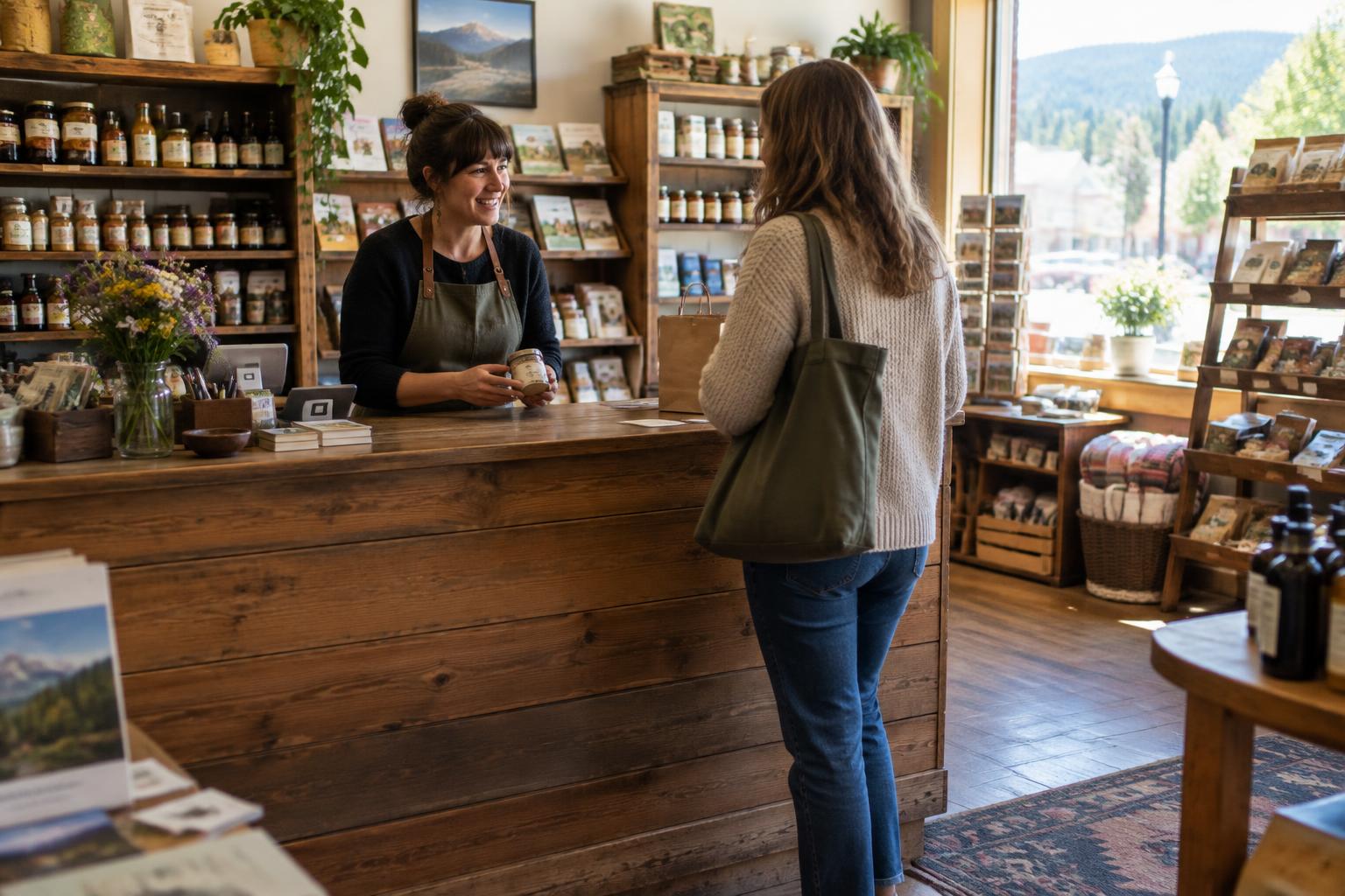 Shop owner helping a customer at a small-town counter